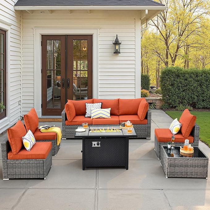 8 PCS Outdoor Patio Furniture Sets with 42'' Fire Pit Table,Wicker Weather Resistant Patio Conversation Set with Comfy Cushions,Modular L Shaped Sofa with Coffee Table for Yard,Orange Red
