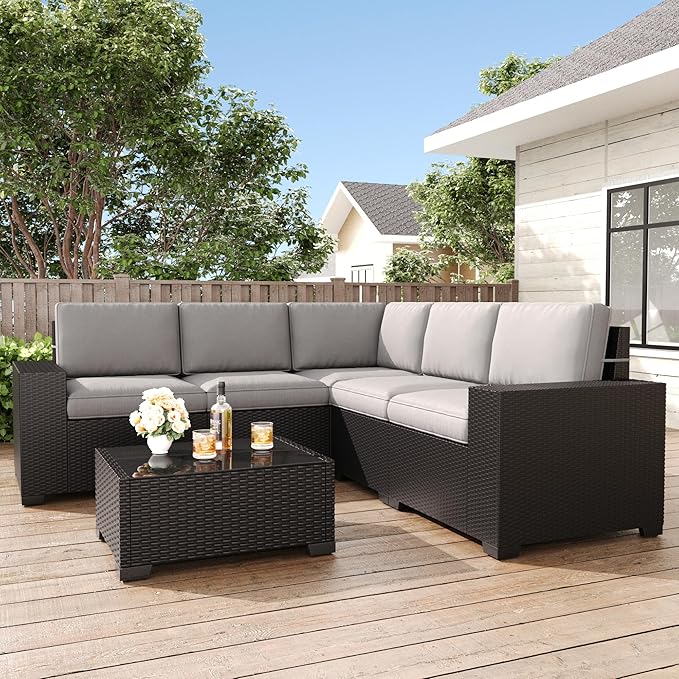 LayinSun 6 Pieces Patio Furniture Set, Black Rattan Modular Sectional Outdoor Conversation Sofa Set