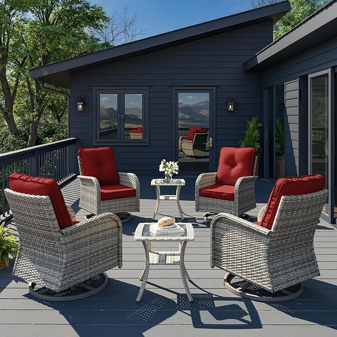6-Piece Patio Rocking Swivel Chair Outdoor Wicker Rattan Bistro Set with Tempered Glass Side Table, Outdoor Patio Furniture Set for Garden, Deck, and Balcony, Red