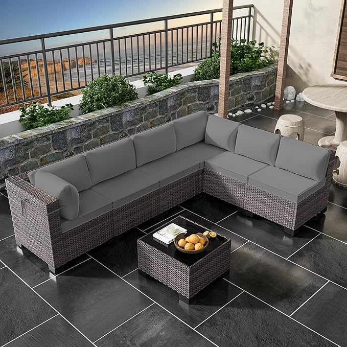 7 Pieces Outdoor Patio Furniture Set,Outdoor Sectional Furniture All Weather PE Rattan Wicker Patio Conversation Set with Coffee Table and 6 Thickened Cushions,Grey