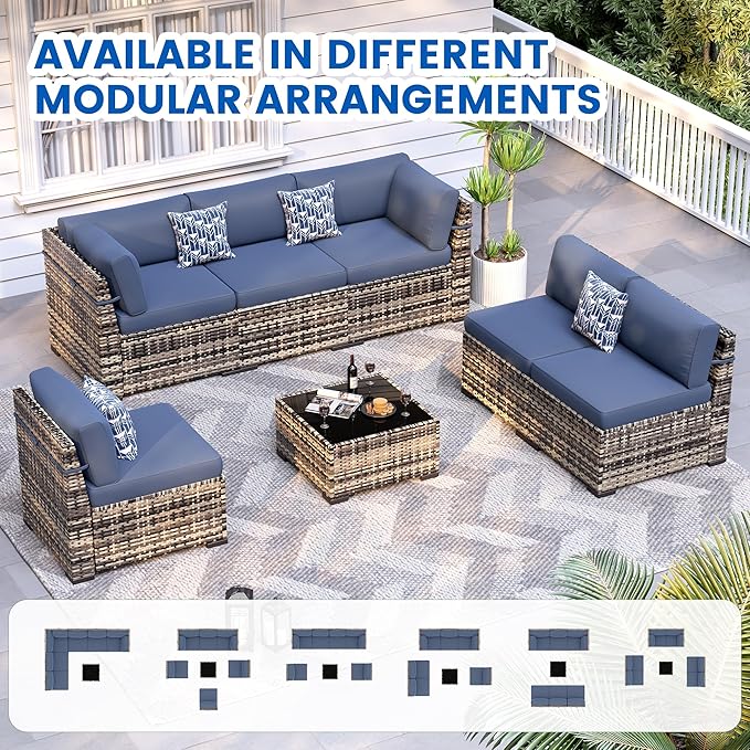 Patio Furniture Sets, 7-Piece Outdoor Patio Furniture with Thick Cushions,Coffee Table Outdoor All-Weather Conversation Set Sectional Sofa for Backyard, Poolside, Garden(Navy Blue)