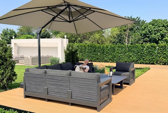 PURPLE LEAF Patio Furniture Set Open-End Outdoor Couch with 9.6" Thick Cushion and Soft Pillows 8 Piece Outdoor Sectional Sofas with Table Modern Outdoor Conversation Sets for Yard Deck Pool, Grey