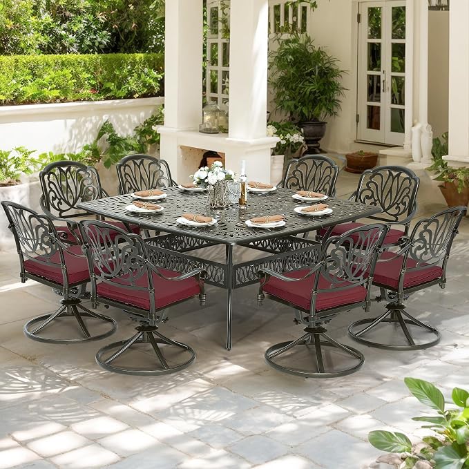 9-Piece Patio Cast Aluminum Dining Set, Outdoor Dining Furniture Set for 8 Person, Includes 64" Square Table and 8 Swivel Rocker Chairs with Umbrella Hole for Patio Deck Garden, Red
