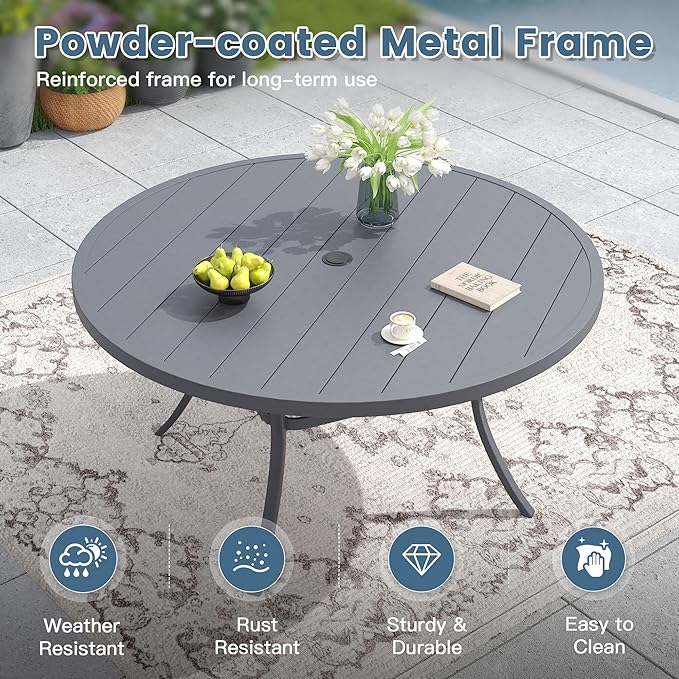 DIFY 7 Piece Outdoor Patio Dining Set for 6, 53" Round Metal Dining Table and Swivel Patio Chairs with Padded Textilene, All-Weather Outdoor Furniture Set for Garden Backyard Porch, Grey