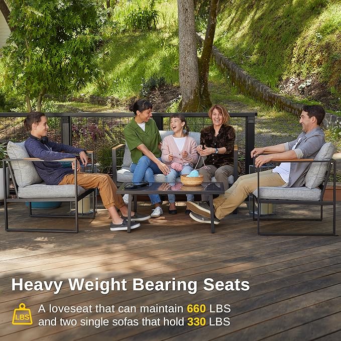 EAST OAK Courtyard Patio Furniture Set, 4-Piece Outdoor Patio Set with Sofa, Removable & Washable Deep Seating Cushion, Tempered Glass Table, Outside Patio Conversation Sets, Black & Grey