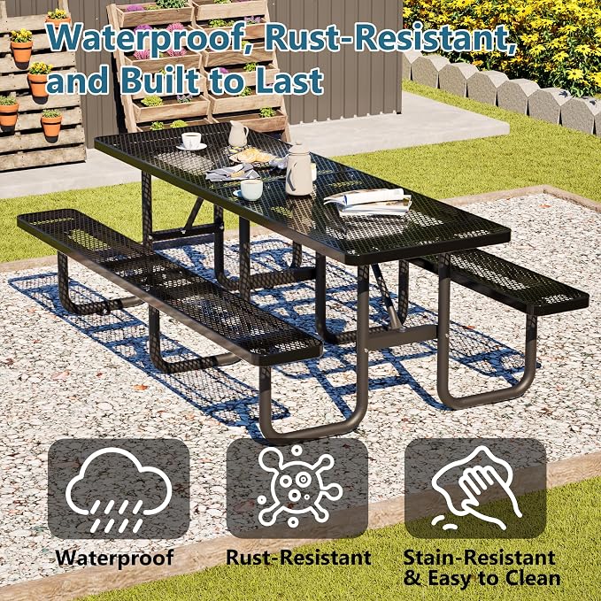 96" Heavy Duty Outdoor Picnic Table for 10, Galvanized Steel Frame with Umbrella Hole, 882LBS Capacity, Mesh Top – Picnic Camping Patio Garden Black