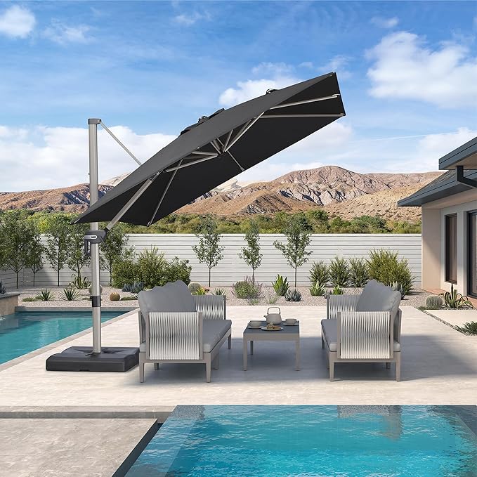 PURPLE LEAF 9’ X 9‘ Patio Umbrella Outdoor Cantilever Umbrella, Aluminum Offset Umbrella with Champagne Frame and 360° Rotation for Pool Deck Garden, Black