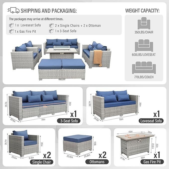 WAROOM Patio Furniture Set 7 Piece Grey Wicker Outdoor Conversation Sets PE Rattan Sectional Sofa with Propane Fire Pit Table and Anti-Slip Navy Blue Cushion