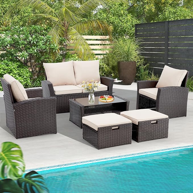 HOMREST 6 Piece Patio Conversation Set, Outdoor Sectional Conversation Rattan Sofa Set with Ottoman and Outdoor Storage Table for Garden, Porch, Backyard (Khaki)