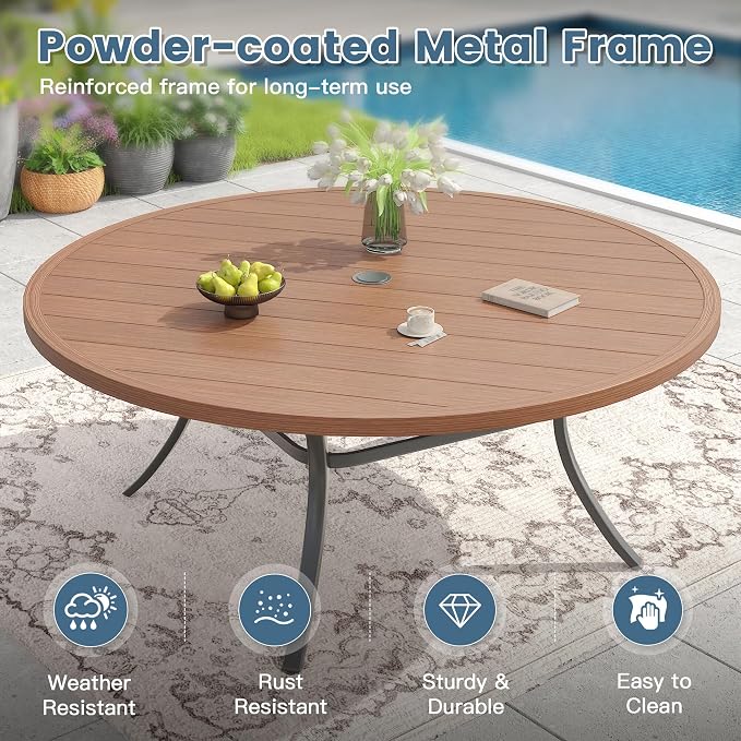 DIFY Outdoor Dining Set for 8, 9 Piece Patio Table and Chairs Set, Swivel Patio Dining Chairs with Brown Textilene & 63" Walnut Round Metal Dining Table with Umbrella Hole, for Garden Backyard Deck