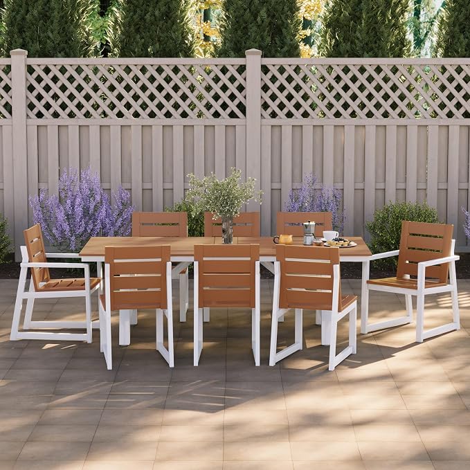 WestinTrends Cape May 9-Piece HDPE Outdoor Furniture Patio Dining Table with Umbrella Hole and Chairs Set for 8, Teak