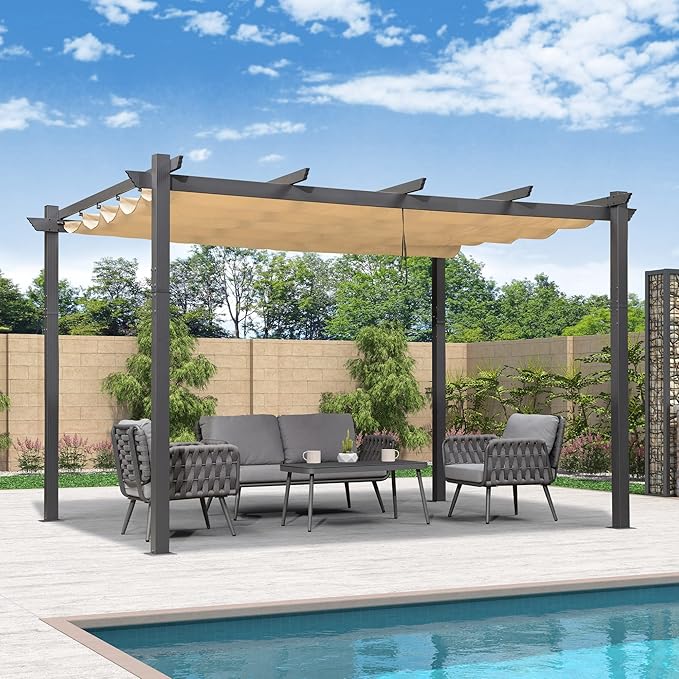PURPLE LEAF 11' X 13' Outdoor Pergola with Retractable Canopy Aluminum Shelter for Porch Garden Beach Sun Shade Grape Trellis Pavilion Grill Gazebo Modern Backyard Deck Metal Patio Pergola Beige