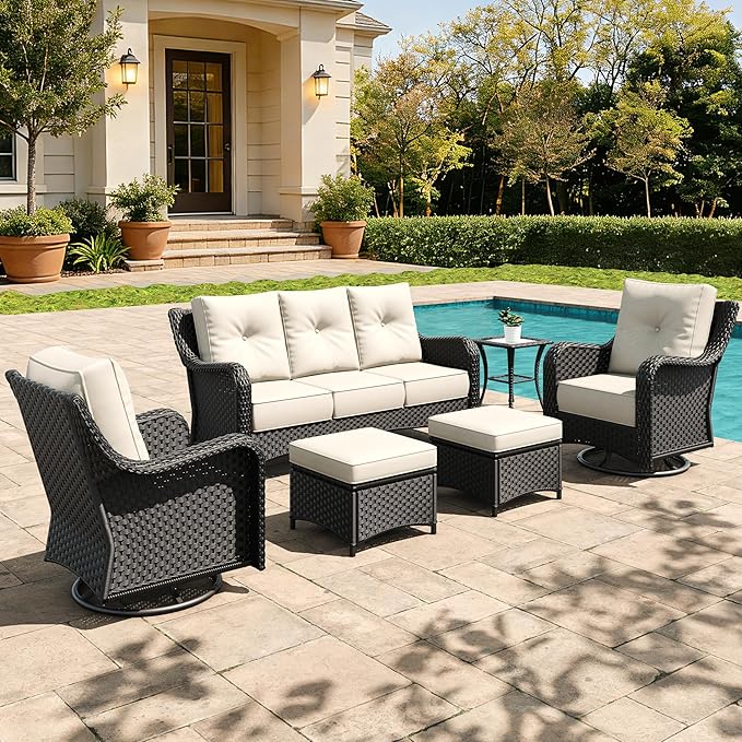 6 Pieces Outdoor Furniture Set with 6-inch Cushions, High Back Wicker Swivel Rocker Chairs with Coffee Table, Luxury Conversation Set for Deck Patio and Poolside