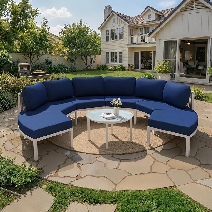 Crestlive Curved Patio Furniture Set, Modular Half Moon 6-Seater Sofa with Round Coffee Table, Aluminum Outdoor Sectional with 4.3" Cushions, All-Weather Couch for Backyard, Deck, Porch, Poolside