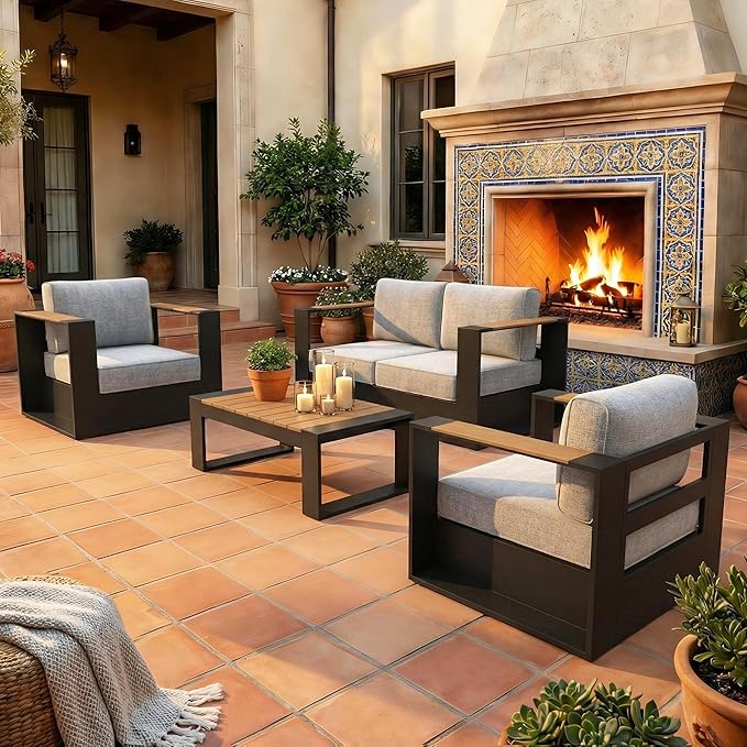 LayinSun 4 Pieces Aluminum Patio Furniture Set with Coffee Table, Oversized Outdoor Conversation Set 4 Seats with 6" Thick Cushions for Outside Porch, Balcony, Deck