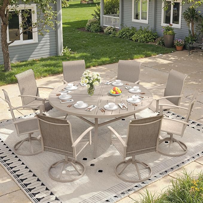 9 Pieces Round Outdoor Table and Chairs Set, Patio Dining Set with 60" Round Spliced Outdoor Table and Patio Swivel Chairs for Backyard Lawn Garden, Sandshell Table and Sandshell Chairs