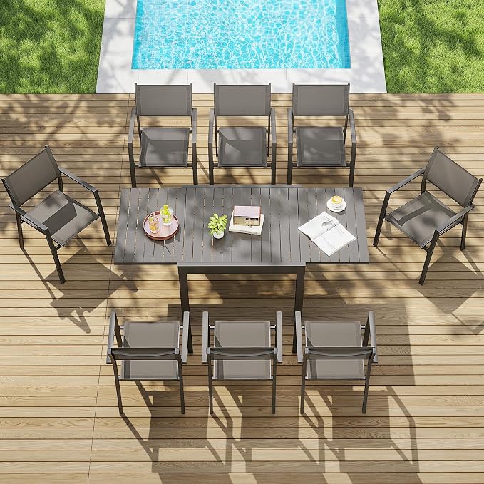 9 Piece Outdoor Dining Set, Expandable Outdoor Patio Dining Table Set for 6-8 Person, Aluminum Outdoor Table and 8 Chairs with Textilene Fabric & Armrest for Patio, Garden, Lawn, Deck(Black)