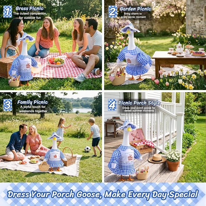 Picnic Porch Goose Outfits, 23 Inch Porch Goose Summer Outfit, Goose Outfit Spring Picnic Theme, Goose Clothes for Cement Geese Outdoor Garden Yard Decor