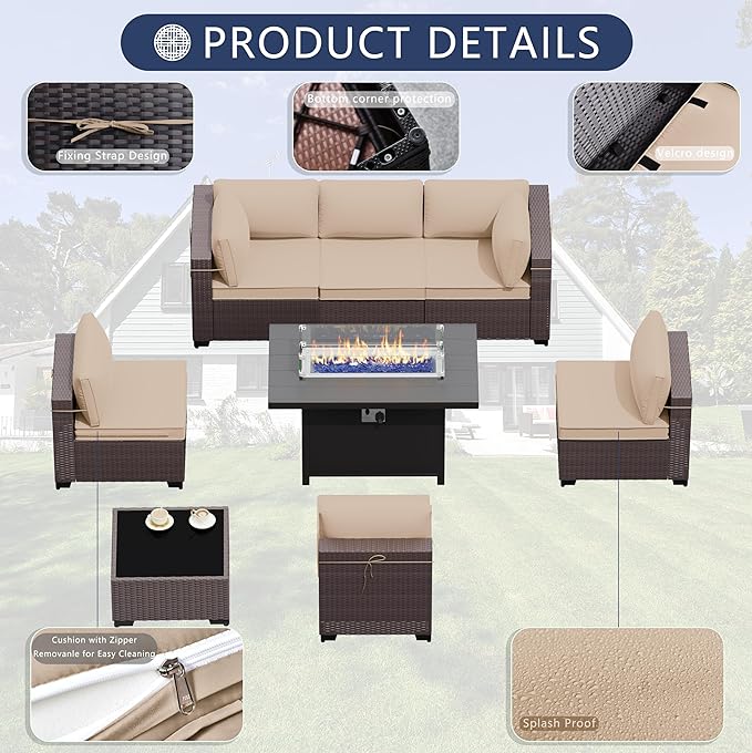 Outdoor Terrace Furniture Set, 8 Piece Outdoor Furniture Set, with 43 inch Aluminum 55001 BTU Propane fire Pit, PE Willow Vine Terrace Dialogue Set - Brown.