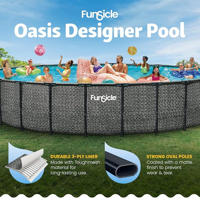 Funsicle Oasis Designer 24' x 52" Round Above Ground Swimming Pool, with 12" Sand Filter Pump, Ladder, Maintenance Kit, Cover, Ground Cloth & Repair Patch, Dark Herringbone