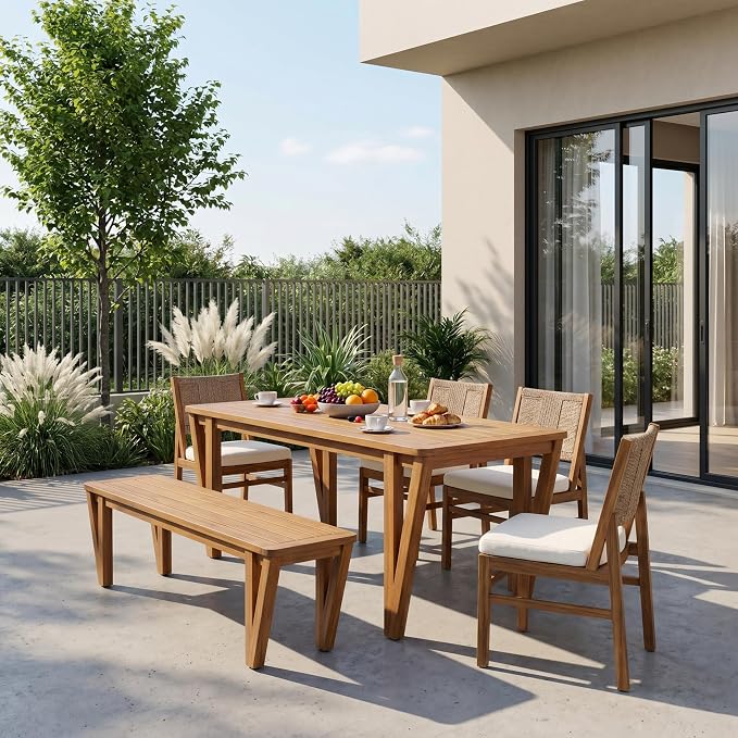 Christopher Knight Home Alan Acacia Wood Patio Dining Set with Bench, Solid Wood Outdoor Dining Table Set for 6, Outdoor Dining Set with Water-Resistant Cushion, Teak+Cream+Brown