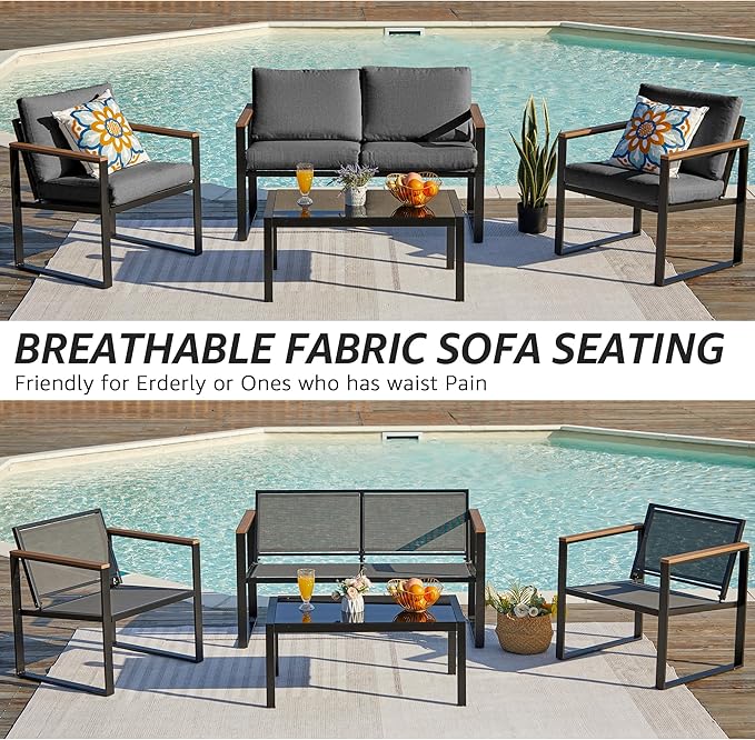 NATURAL EXPRESSIONS 4 Pieces Patio Furniture Sets,Metal Outdoor Patio Furniture Sets,Outdoor Sectional Patio Conversation Set,Wooden Anti-Scald Armrest,Sling Mesh,4" Olefin Cushions Dark Grey