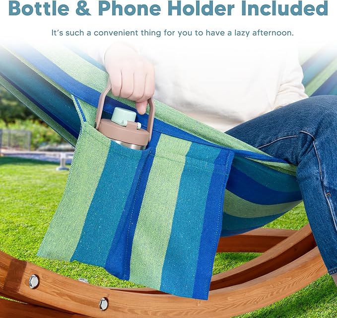 SUNCREAT Hammocks Double Hammock with 10 ft Wooden Stand Included, Outdoor Hammocks for Outside, 475 lbs Capacity, Green