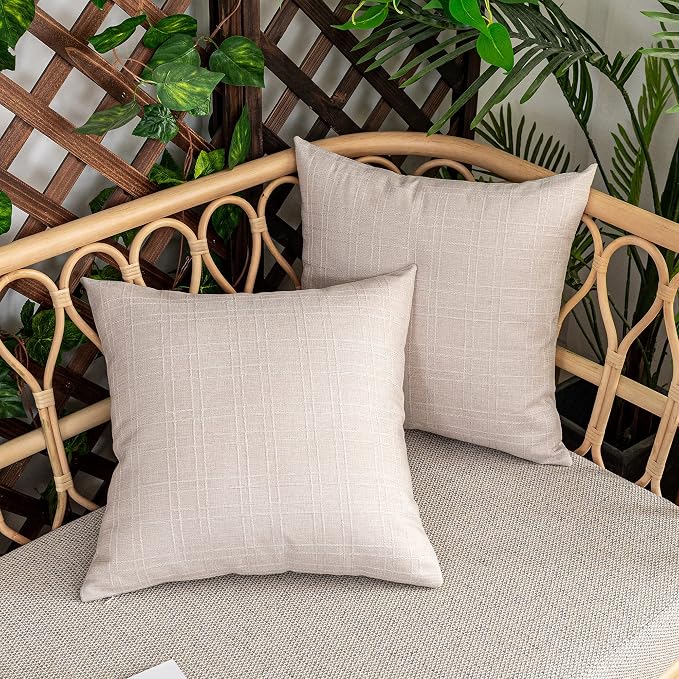 Kevin Textile Outdoor Waterproof 22”x22” Pillow Covers 2 Pack, Light Beige | Water Resistant, Soft Faux Linen-cotton Yarn-dyed Woven Texture Throw Pillow Covers for Tent Patio Garden Couch Sofa