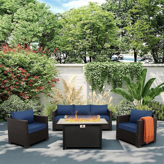 Rattan Star 4 Piece Patio Furniture Set 45 Inches Fire Pit Table Outdoor Furniture Sets Patio Couch Outdoor Chairs 50000 BTU Propane Fire Pit with No-Slip Cushions and Waterproof Covers, Navy Blue