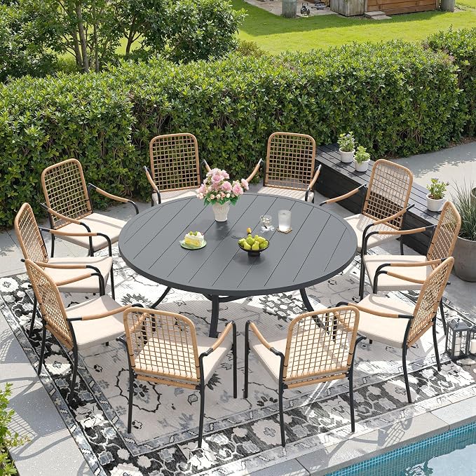 DIFY 11 Pieces Outdoor Dining Set for 10, 60" Round Dining Table with Umbrella Hole & Wicker Stackable Patio Chairs with Cushions, Metal Patio Table and Chairs Set for Backyard Porch Garden, Grey