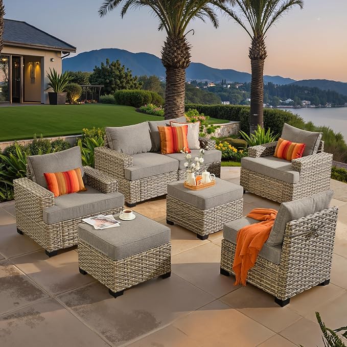 ovios 7 Piece Patio Sectional Furniture, Rattan Wicker Coversation Couch Set, Outdoor Sofa Set for Outside Porch Balcony Backyard Pool,Dark Grey
