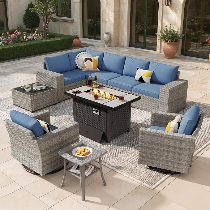 10 Pieces Outdoor Patio Sectional, Wicker Patio Furniture Set with 42 inch Fire Pit Table, All-Weather L Shaped Patio Conversation Set with Swivel Chairs, for Backyard Porch Yard,Blue