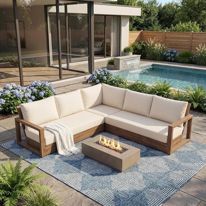 Christopher Knight Home Outdoor Sofa Set, Acacia Wood Modular Patio Furniture Set with Floor Seating Cushions Coffee Table Slatted Design Sectional Backyard Garden Conversation Set