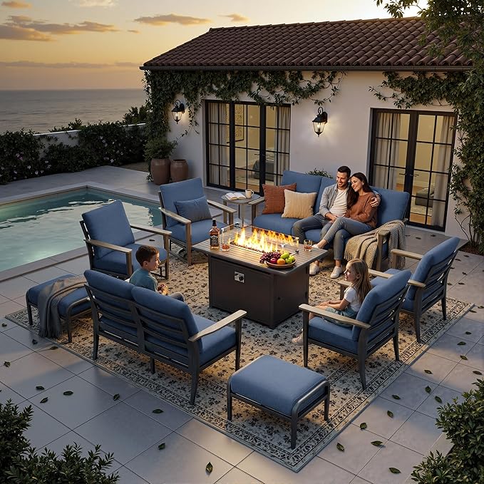 11-Seat Outdoor Patio Furniture Set with Rocking Swivel Chair, Aluminum Sectional Sofa with Ottomans Patio Conversation Set with 55,000 BTU Fire Pit Table & High Backrest, Navy Blue
