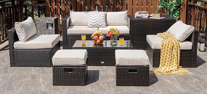 Tangkula 8 Piece Patio Furniture Set, Patiojoy Outdoor Space Saving PE Rattan Sectional Sofa Set for 6 with Waterproof Cover, for Garden, Deck, Poolside and Balcony (Off White)
