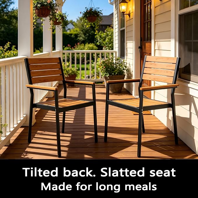 7-Piece Outdoor Dining Set for 6 Person with Teak Wood-Grain Top | Armrest Stackable Chairs with 19.4" Seat Depth, Aluminum Frame Dining Furniture with Umbrella Hole for Deck, Porch & Backyard