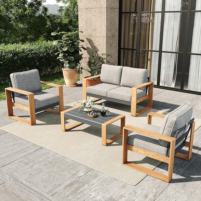 4 Pieces Aluminum Patio Furniture Set, Outdoor Conversation Sets with High Backrest Sofa and Coffee Table for Garden and Backyard