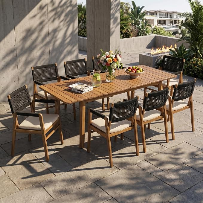 Christopher Knight Home Sky Acacia Wood Dining Table Set for 8, 9 Piece Patio Extendable Dining Table and Dining Chairs Set of 8 with Cushions & Rope Accents, Patio Furniture Set, Teak+Beige+Black