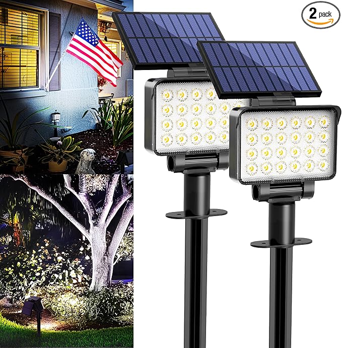 Solar Spot Lights Outdoor Waterproof for Flag, Tree, House, Garden, Yard, 3 Brightness Modes Solar Powered Landscape Spotlights 2 Pack Cool White