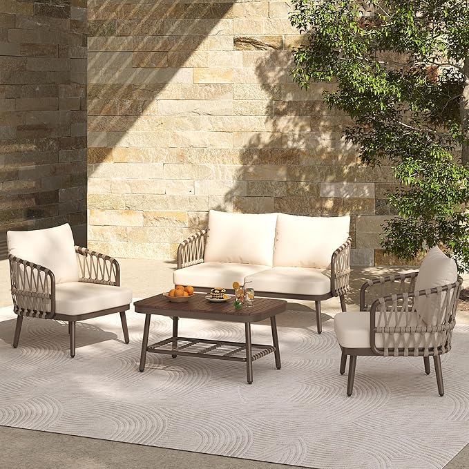 Montary 4-Piece U-Shaped Outdoor Patio Conversation Set - Metal Chairs with Woven Rope Design, Includes Acacia Coffee Table & Thick Cushions for Garden,Poolside, Balcony, Backyard (Brown)