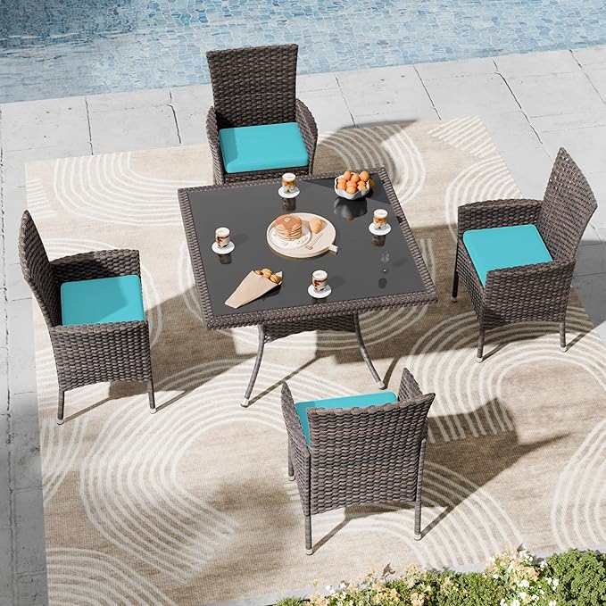Kullavik 5 Pieces Outdoor Dining Set Patio Rattan Furniture Set,Patio Dining Table and Chairs Set with 4 Chairs and Cushions,Square Glass Tabletop with Umbrella Hole for Patio,Backyard,Blue