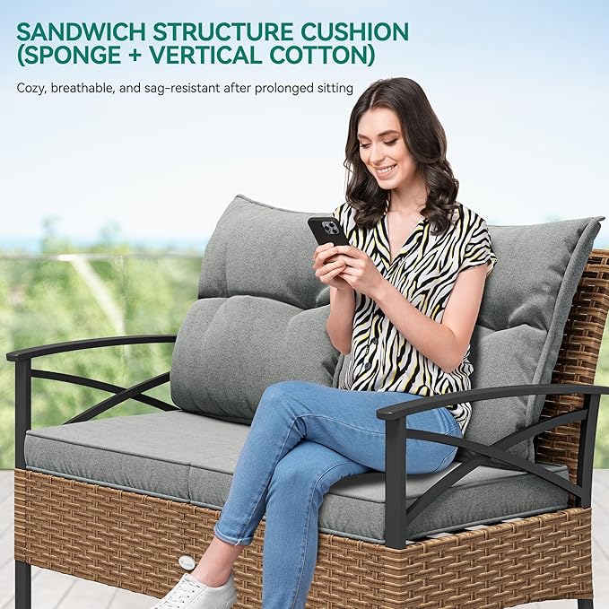 YITAHOME 4 Pieces Patio Furniture Set Outdoor Wicker Patio Conversation Set with Metal Table and Soft Cushions All-Weather Rattan Bistro Set with Loveseat (Light Brown + Gray)