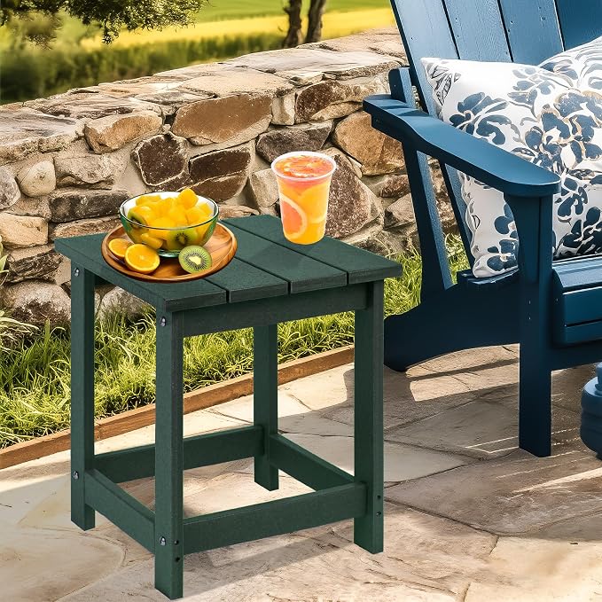 LZRS Patio End Table, Heavy Duty HDPE Outdoor Coffee Table with Wood Texture, Weatherproof Composite Table for Adirondack Chairs, Deck, Pool, Indoor/Outdoor, No Peeling or Cracking(Dark Green)