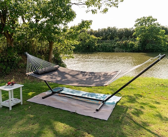 Lazy Daze Hammocks 2 Person Hammock with 12FT Stand for Outside, Quilted Double Hammock with Detachable Pillow, Balance Strap & Carrying Bag Included, 450lbs Capacity, Easy Tool-Free Assembly, Grey