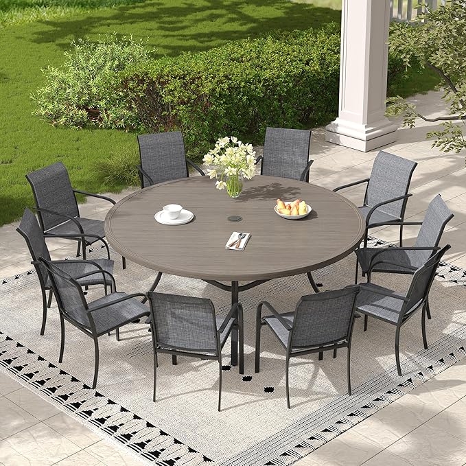 11 Pieces Outdoor Dining Set, Stackable Textilene Paito Chairs & 63" Round Dining Table with Umbrella Hole, Patio Dining Set for Backyard, Deck, Garden, Grey