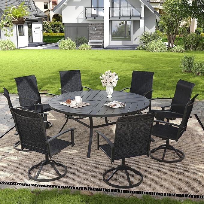 VICLLAX 9 Pieces Patio Outdoor Dining Set, 8 Swivel Textilene Chairs and 63" Round Metal Table with Umbrella Hole for Porch, Deck, Garden, Black