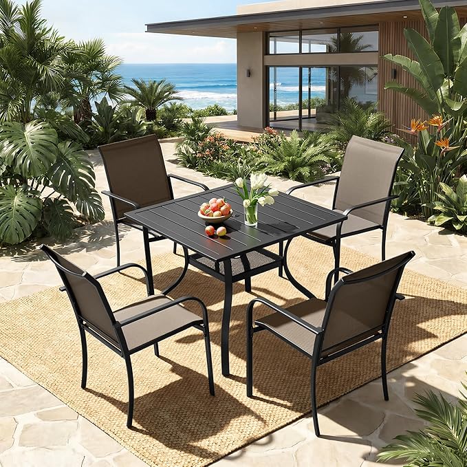 Crownland 5 Piece Patio Dining Set, Outdoor Textilene Dining Sets, 4 Textilene Metal Chairs and Square Outdoor Dining Table with 1.57" Umbrella Hole (Brown)