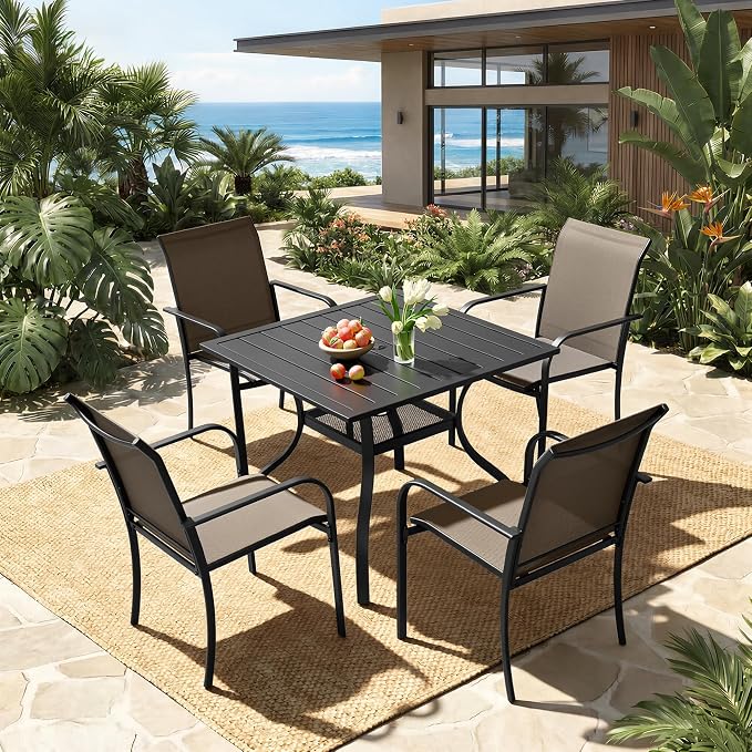 Incbruce 5 Pieces Patio Dining Set, Outdoor Dining Set of 4 Textilene Chairs and Square Table with Umbrella Hole for Backyard, Garden, and Poolside (Brown)
