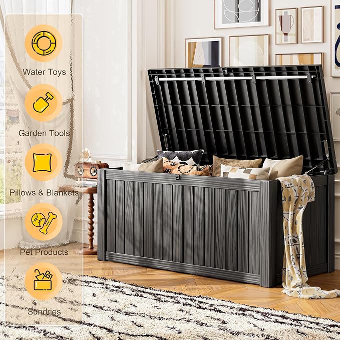 Outdoor Storage Box, 155 Gallon Resin Deck Boxes Outdoor Waterproof For Patio Furniture, Garden Tools, Pool Supplies, Lockable And UV Resistant (Striped Black)