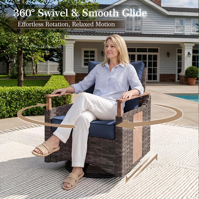 NestNook 3 Pieces Patio Furniture Set, Outdoor Bistro Set, 2 Swivel Glider Chairs with Modern Side Table, All-Weather Handwoven PE Wicker Seating and Thick Cushion for Balcony, Bistro & Porch, Blue